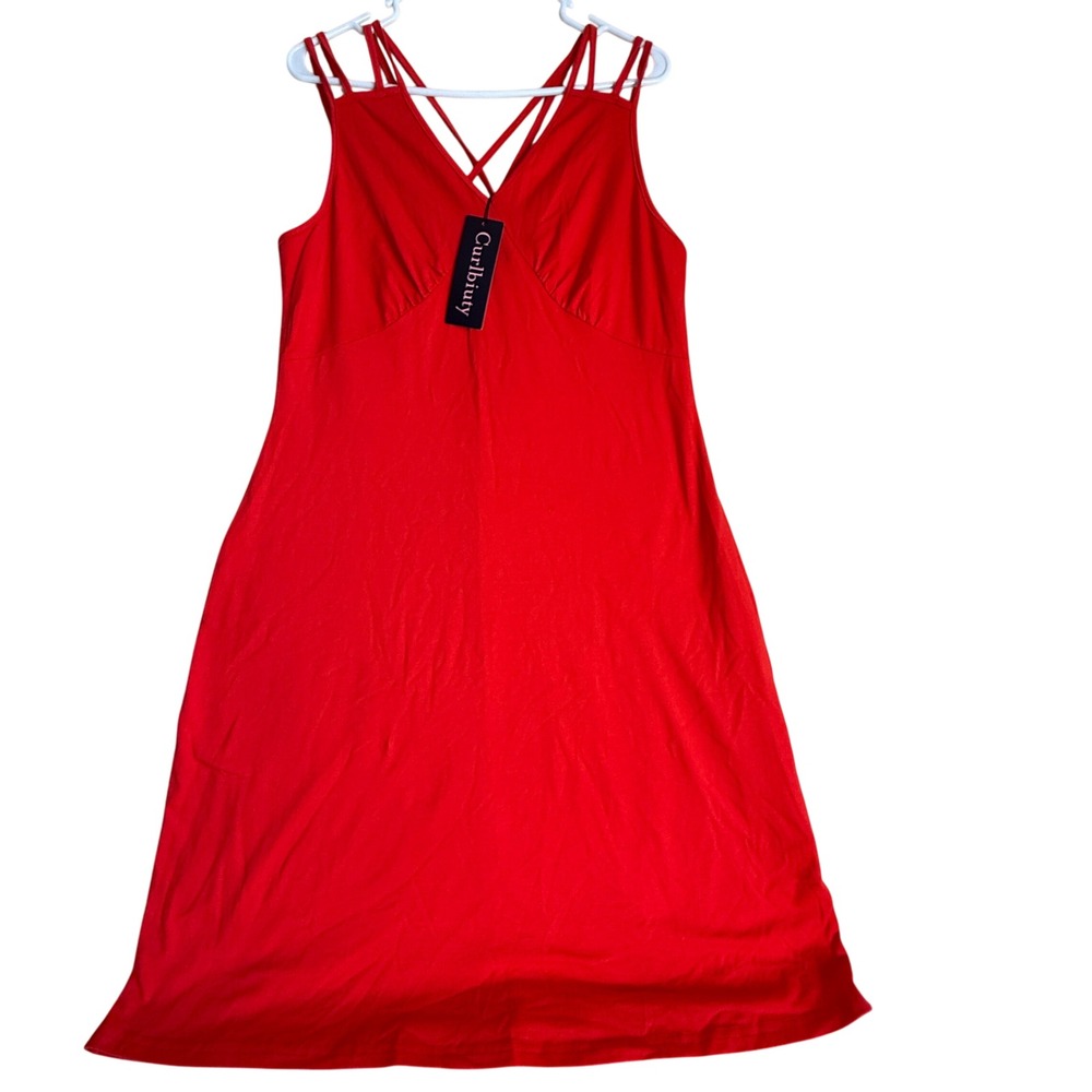 Curlbiuty Dark Orange/Red Crisscross NWT Midi‎ Dress Women XL V Neck Sleeveless